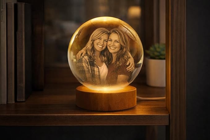 Herihues Personalized 3D Photo Crystal Ball, Custom Engraved Picture Lamp with Wood Base, Besties Night Light, Gifts for Besties Valentines Day, Christmas, Best Friend Personalized Gifts