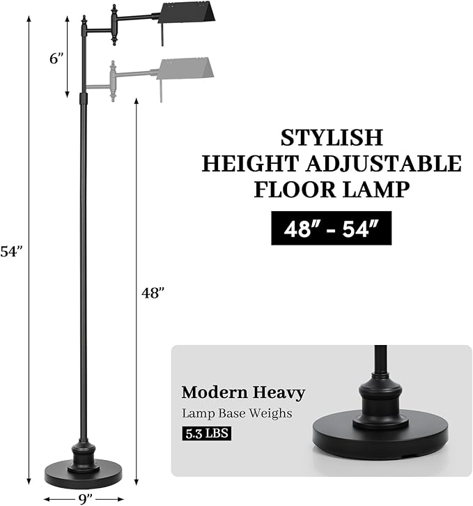 Bairth Dimmable Pharmacy Floor Lamp with Remote, 17W LED Reading Floor Lamp with 360°Swing Arm, 3 Color Temperature, Height Adjustable Black Standing Task Lamp for Living Room, Bedroom, Black