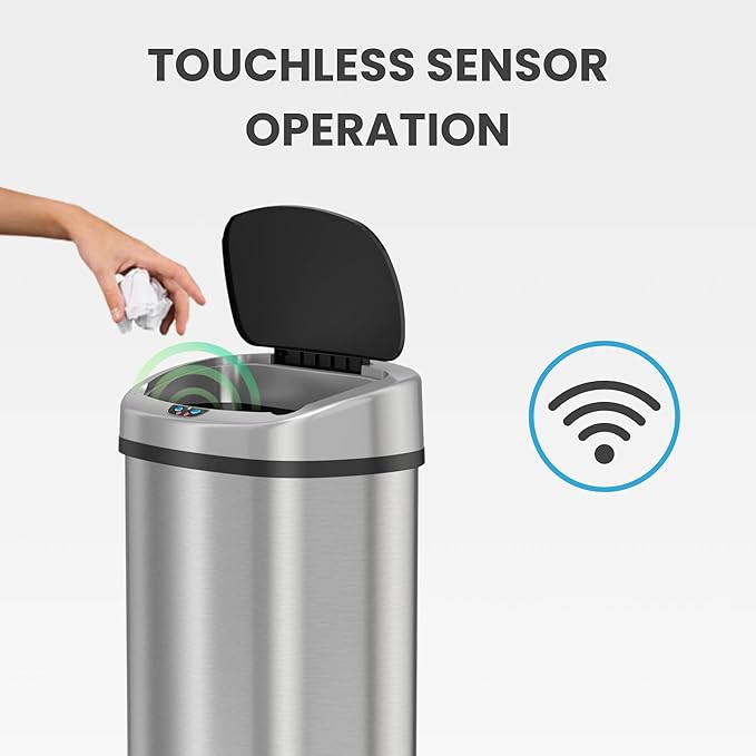 iTouchless 13 Gallon Oval Sensor Trash Can with Odor Filter, Automatic Motion Sensor Kitchen Bin, Soft-Close Stainless Steel, Slim Curved Wastebasket for Narrow Walkways & Islands, Matte Silver