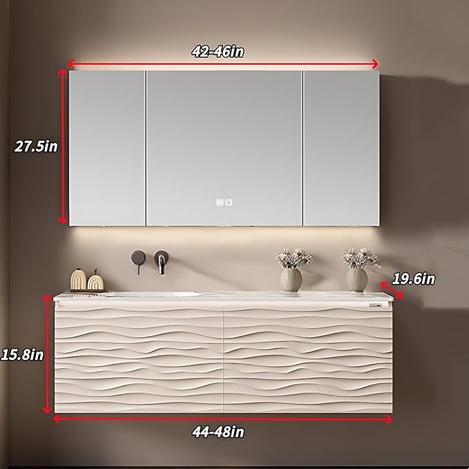 44IN Bathroom Vanity - Smart Defogging Mirror Cabinet | Waterproofing Technology & Wave Shaped Door Panel, Floating Bathroom Vanities with Large Storage Space (Mirror Cabinet)