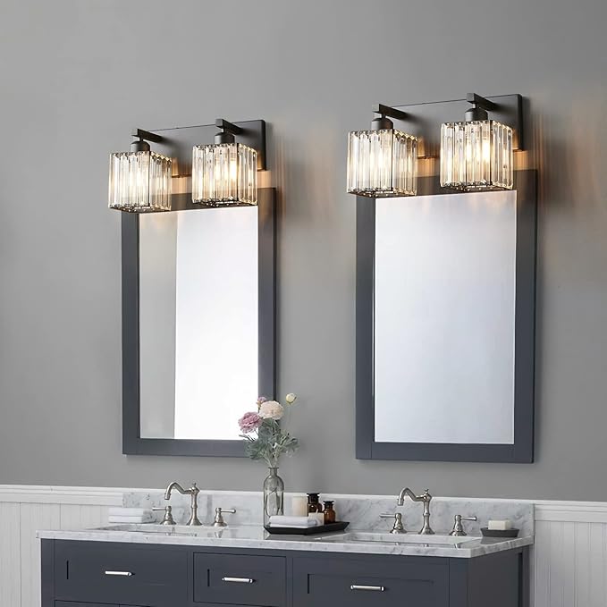 FDPBY Modern Bathroom Vanity Light 2-Lights Black Crystal Bathroom Wall Light Vanity Light Fixtures，12.59-inch Modern Minimalist Design