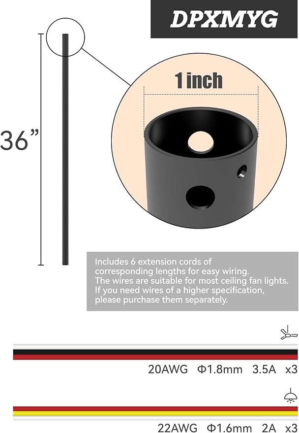 DPXMYG 36 inch Ceiling Fan Downrod with Extension Cord, 3 FT Black Downrod for Ceiling Fan, 1 inch Outside Diameter, Ceiling Fan Boom Suitable for a Wide Range of Fans (Black, Not Threaded)