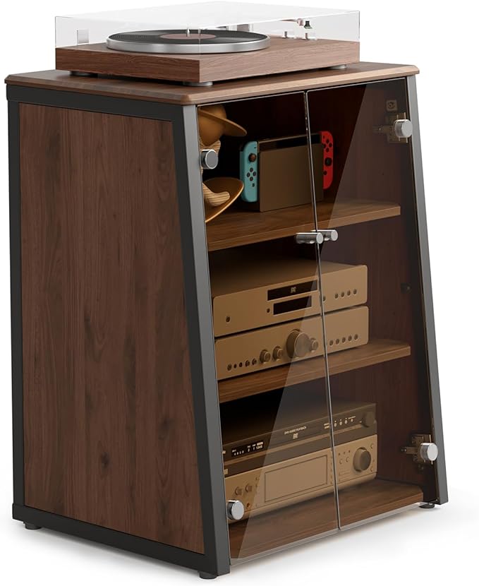FITUEYES Design 4-Tier Media Stand with Brown Glass Doors Audio Rack with Adjustable Shelves Stereo Cabinet Protection Equipment for Vinyl Record Player Stereo Receivers Audio Gear, Eiffel Series