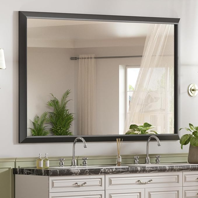 SMIROR Matte Black Bathroom Mirror for Over Sink 55x 40 inch, Metal Thick Frame Rectangle Vanity Mirror for Wall, Anti-Rust, Horizontally or Vertically Mounted