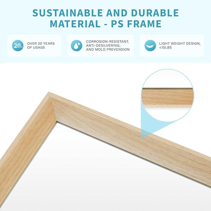 Oak Wood Effect Framed Wall Mirror, 32x40 Rectangle Mirror, Anti-desilvering Tempered Glass, Sustainable& Sturdy Frame, Anti-Rust, HD Reflection &3min Fast Setup for Bathroom Living Room