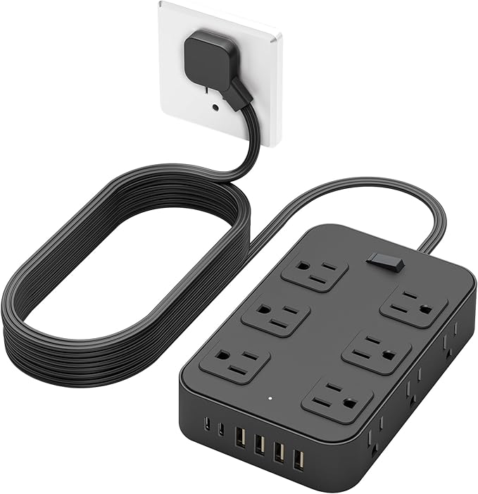 Solidock Flat Plug Power Strip Surge Protector with 12 AC Outlets 6 USB Ports 3 Side Multi Plug Outlet Extender 10 Ft Extension Cord for Home Office Kitchen Dorm Wall Desk Charging Station ETL Listed