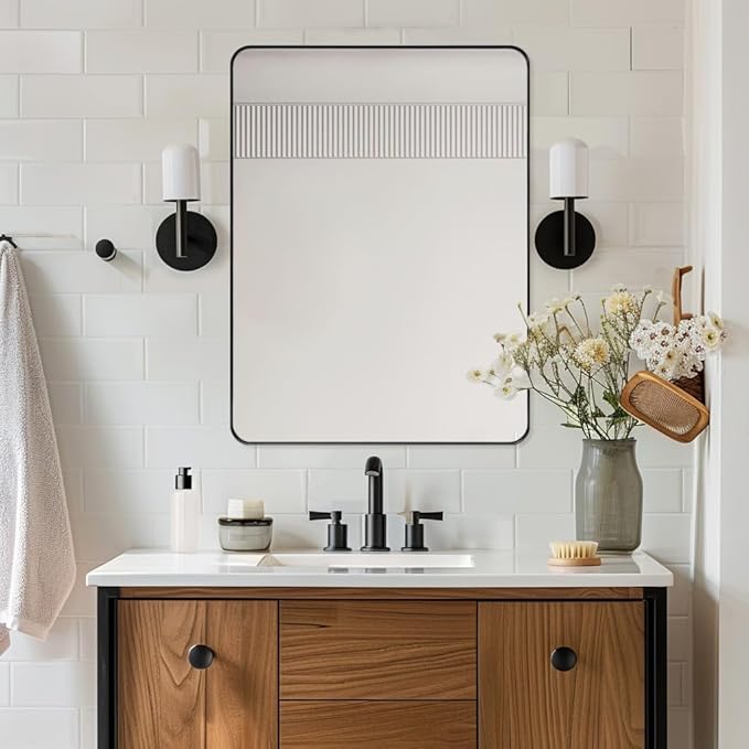 ANDY STAR Wall Mirror for Bathroom, 20”x28” Black Bathroom Mirror, Rounded Rectangle Mirror in Premium Stainless Steel Metal Frame Hangs Horizontal Or Vertical