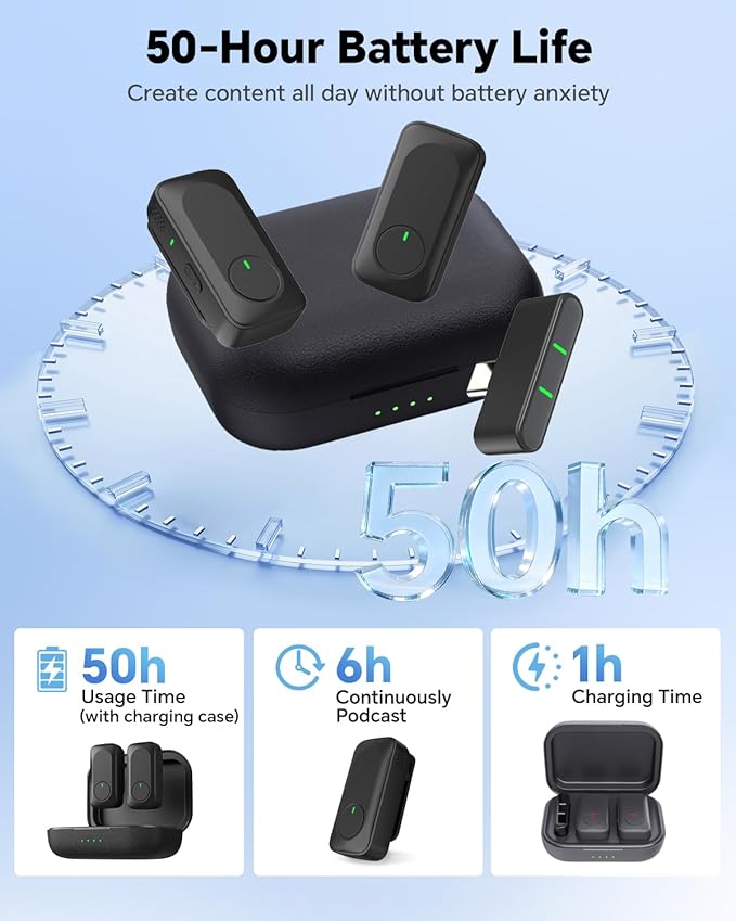 Jubolion Wireless Lavalier Microphone for iPhone/Android Phone/Laptop/PC, Mini Lapel Mic with 50H Battery Life Charging Case, 100FT Range and Noise Reduction, for Video Recording, Streaming, TikTok
