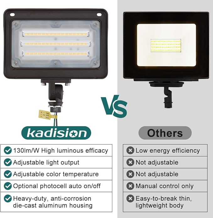 kadision LED Flood Light Outdoor, 50W/40W/30W 6500lm 3000K/4000K/5000K Selectable, Dusk-to-Dawn Photocell, IP65 Waterproof Adjustable Knuckle Mount Security Lights, 100-277V ETL Listed, 4 Pack