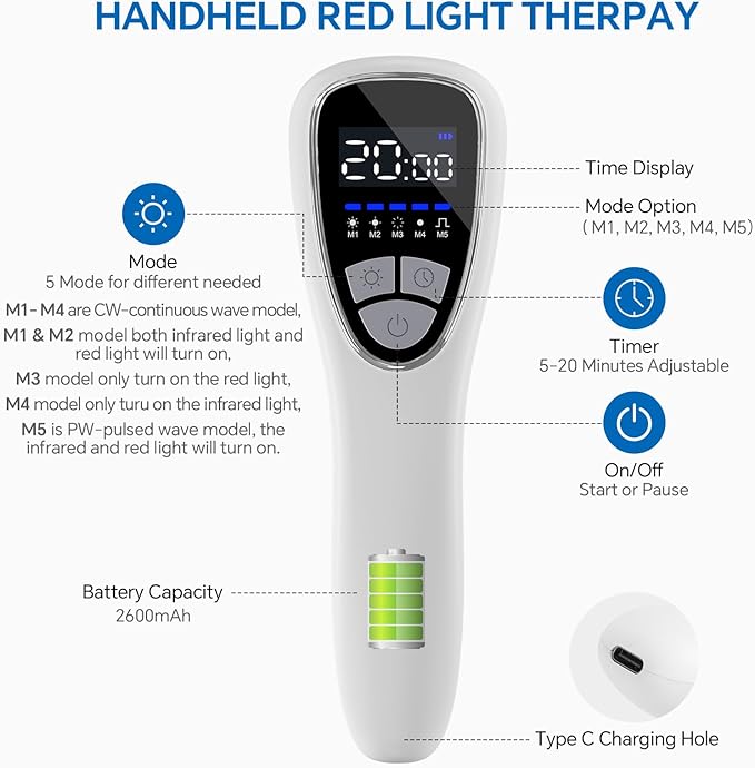Red Light Therapy Device for Body Pain ReIief with Stand, 6x808nm+12x650nm Handheld Near Infrared Light Therapy with PW Pulsed Wave Model for Human and Pet Body Joint Back Knee Muscle