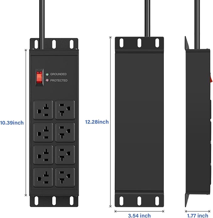 CCCEI 2PCS Heavy Duty Power Strip Surge Protector 20 AMP, 8 Outlets 12 Gauge Shop Garage Metal Multiple Outlets, 15 FT Extension Cord 5-15P Adapter High Amp 6-20R T-Slot 20a for Appliance Black.
