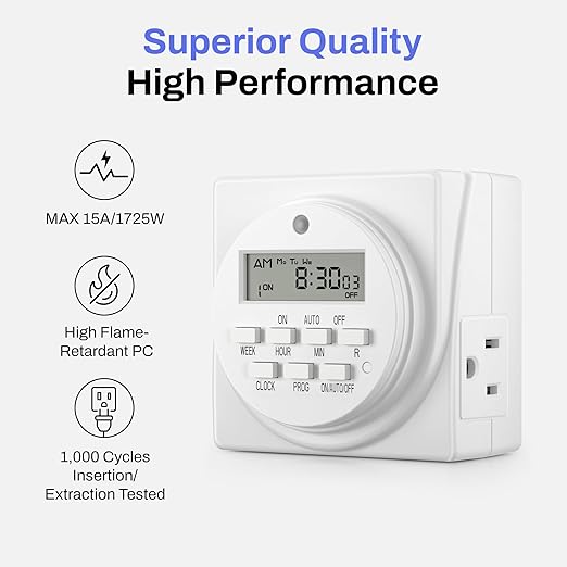 BN-LINK Indoor Digital Timer Outlet, Dual Outlet 7 Day Programmable Light Switch, 3 Prong Plug in Timers for Electrical Outlets, Lamps, Fans, 8 On/Off Programs, 2 Pack, 15A/1875W, ETL Listed