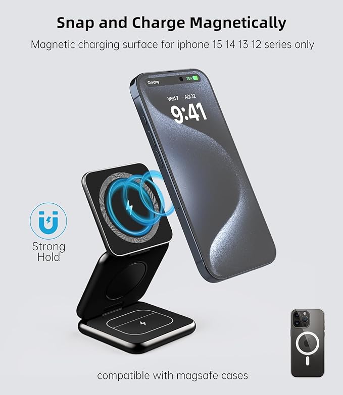 KU XIU X40 Foldable Magnetic Wireless Charger, 3-in-1 Charging Station for iPhone 17/16/15/14/13/12 & iPhone Air, 5W Fast Charging for Apple Watch S11–4/SE/Ultra 3/2/1, AirPods 4/3/2/Pro – Black