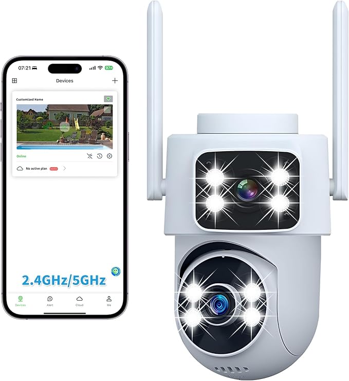 DZCCTVIPC Dual-Lens 2K Smart Indoor/Outdoor Security Camera, 5GHz Wi-Fi, 360° AI Motion Tracking,Color Night Vision,IP65 Weatherproof, 2-Way Audio,24/7 Recording,Works with Alexa & Google (No SD Card)