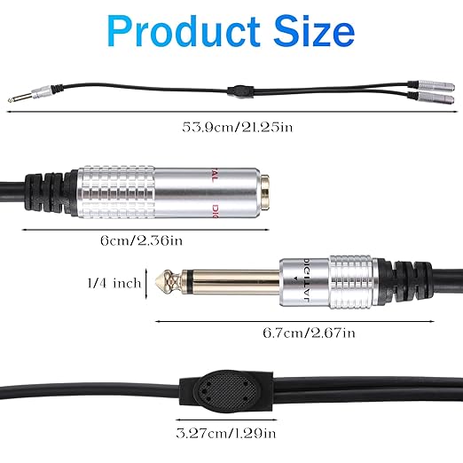 6.35mm TS Guitar Signal Audio Y Splitter Cable, 1/4 Inch Mono Male to Dual Mono Female Jack Adapter with Gold Plated Connectors, Audio Y-Adapter for Microphone Speaker HiFi System Guitar(50cm/1.6ft）