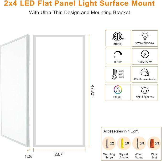 Mcacggo 2x4 FT LED Flat Panel Light Surface Mount 5000K-4000K-3000K Switchable & 0-10V Dimmable, 30W-40W-50W Selectable Flush Mount Ceiling Light 24x48 inch, ETL Listed, 100-277V, White, 2 Pack
