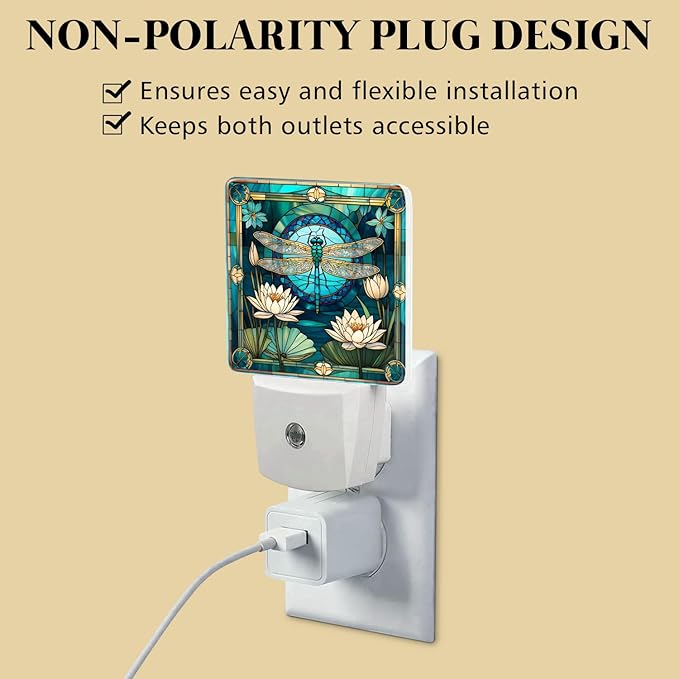 PODMemory Dragonfly & Flowers Stained Glass Night Lights Plug into Wall for Room, Dragonfly & Flowers Night Light LED for Bedroom