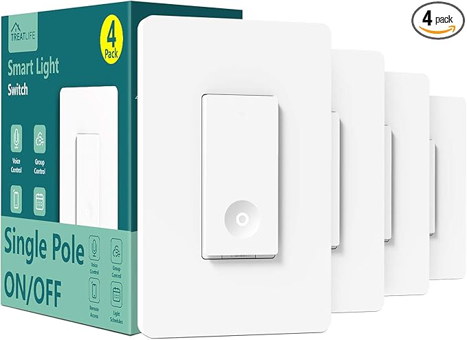TREATLIFE Smart Switch 4 Pack, 2.4Ghz WiFi Light Switch Single-Pole, Neutral Wire Required, Works with Alexa, Google Home and SmartThings, Smart Home Remote Control, FCC Listed