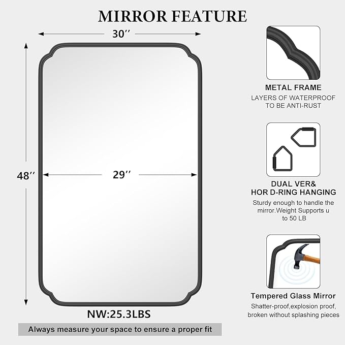 White 30"x48" Bathroom Mirror for Wall, Large Bathroom Vanity Mirror, Rounded Rectangle Mirror in Wooden Frame Hangs Horizontal Or Vertical