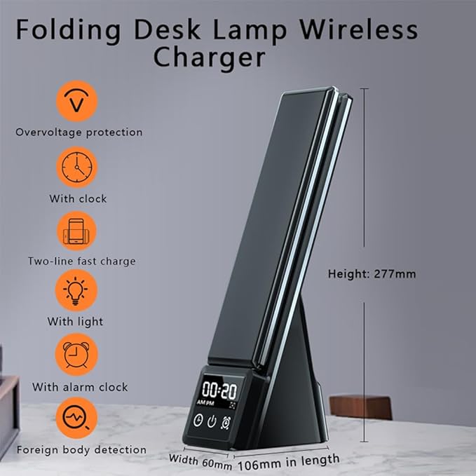 IHAO 6in1 Multifunctional Foldable LED Desk Lamp with Wireless Charger Digital Alarm Clock Eye-Care Lighting 3 Color Modes 15W Qi Charger for Phone/Headphones, Apple Watch Compatible-Black