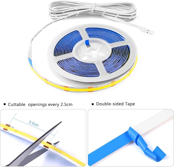 12V COB LED Strip Lights Kit,3.3Ft 6-in-1 Self-Adhesive LED Under Cabinet Lighting with 36W Adapter Dimmable Touch Switch for Acoustic Panel, Display Cabinets, Wardrobes,Cabinets, Showcase Lighting