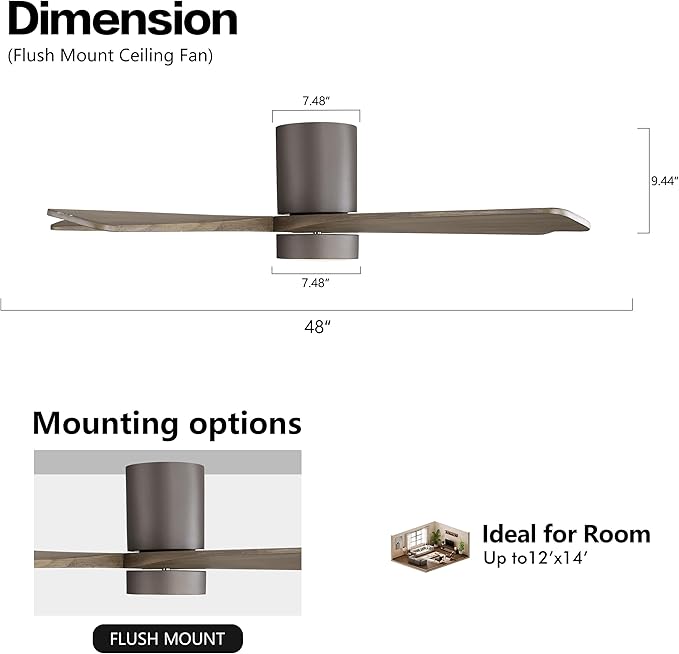 WINGBO 48 Inch Flush Mount DC Ceiling Fan with Lights and Remote, 5 Reversible Carved Wood Blades, 6-Speed Noiseless DC Motor, Hugger Ceiling Fan in Graphite Finish with Gray Blades, ETL Listed