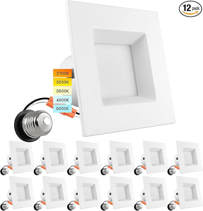 LUXRITE 12 Pack 4 Inch Square Recessed LED Can Lights, CCT Color Temperature Selectable 2700K | 3000K | 3500K | 4000K | 5000K, Dimmable Recessed Lights, 750 Lumens, CRI 90, Energy Star, Wet Rated