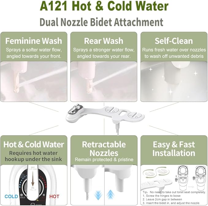 APURE BIDET A121 - Hot and Cold Water Bidet Attachment for Toilet Seat - Dual nozzle - Rear and Feminine Wash- Selfcleaning- Adjustable Water Pressure Non-Electric Bidet Toilet Seat Attachment