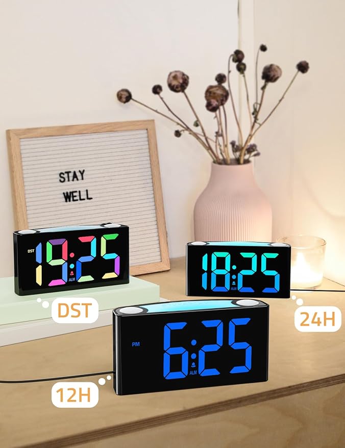 Mesqool Digital Alarm Clock for Bedrooms - Plug-in LED Clock with Dynamic RGB Digits, Dimmable Display & Night Light, 7 Color Options, Adjustable Alarm Volume, DST, 12/24 Hour - Ideal for Kids