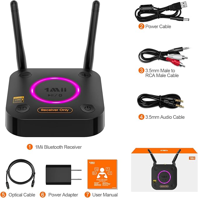 1Mii B06Ultra Bluetooth 5.3 Receiver with LDAC for Hi-Res Wireless Audio, HiFi Bluetooth Audio Adapter w/Audiophile DAC, 3D Surround aptX HD Low Latency, Optical AUX 3.5mm Coaxial for Home Stereo