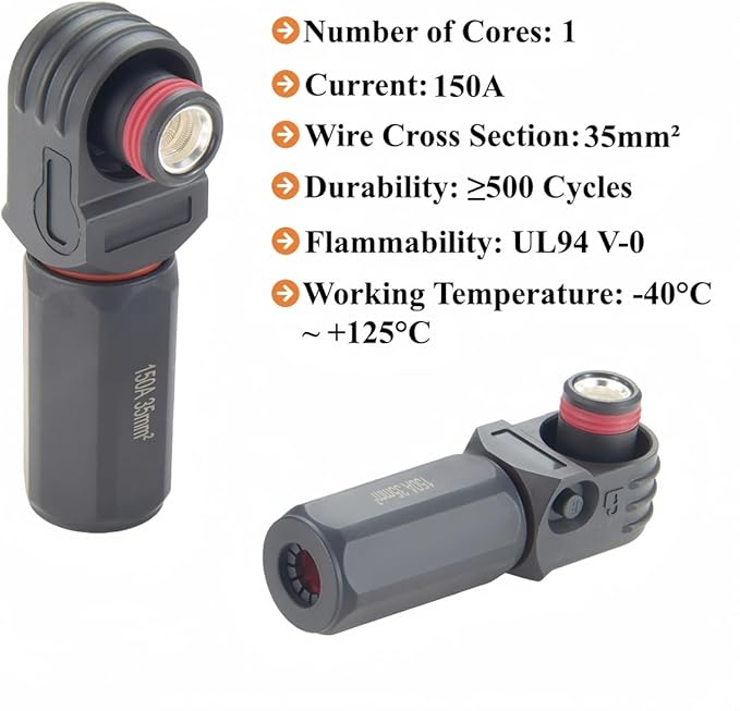 1 Set Battery Energy Storage Connector 150A 35mm² High Current HV Connectors Quick Plug Terminal Right Angle Plug and Socket IP67 Waterproof Power Adapter (Black, 150A)
