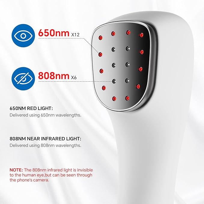 Red Light Therapy Device for Body Pain ReIief with Stand, 6x808nm+12x650nm Handheld Near Infrared Light Therapy with PW Pulsed Wave Model for Human and Pet Body Joint Back Knee Muscle