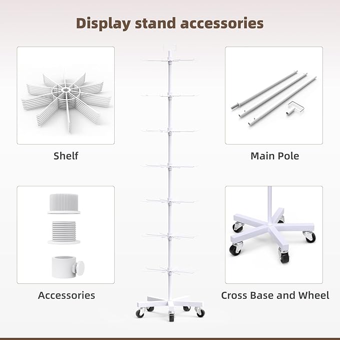 YEOOE Upgraded Retail Display Stand 7 Tier Spinning Display Stand, Movable Shop Spinner Rack with Hooks, Retail Display Racks for Jewelry Keyring Hats Socks Toys (White)