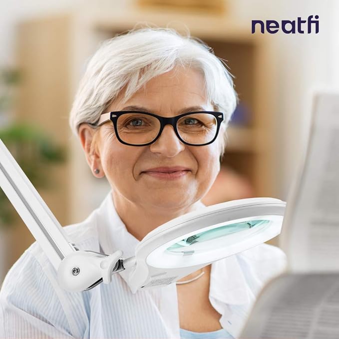 Neatfi (New Model) Bifocals 1,200 Lumens LED Magnifying Floor Lamp with Rolling Base, 5 Diopter with 20 Diopter, Dimmable, Adjustable Arm (5 Inches, White)