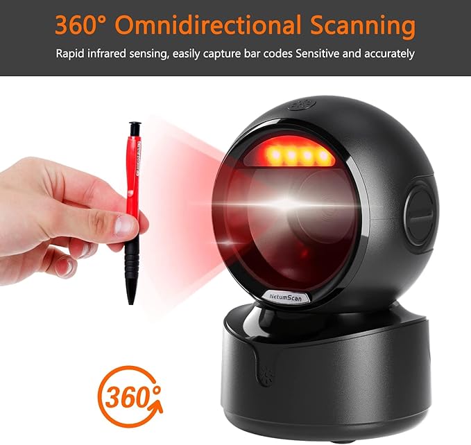 NetumScan Automatic Omnidirectional Desktop Barcode Scanner, Hands Free USB Wireless Bluetooth QR Barcode Reader, 1D 2D Bar Code Image Sensing for Warehouse, Supermarket, Retail Store Pos System-A6