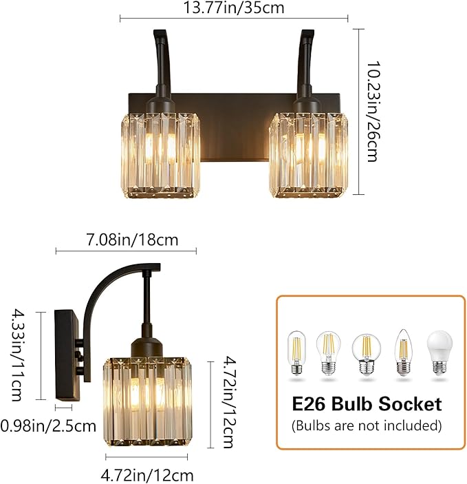 FDPBY Crystal Vanity Lights 2-Light Black Wall Lamp Modern Crystal Bathroom Light Fixtures Over Mirror 13.77" Long Bathroom Wall Sconce