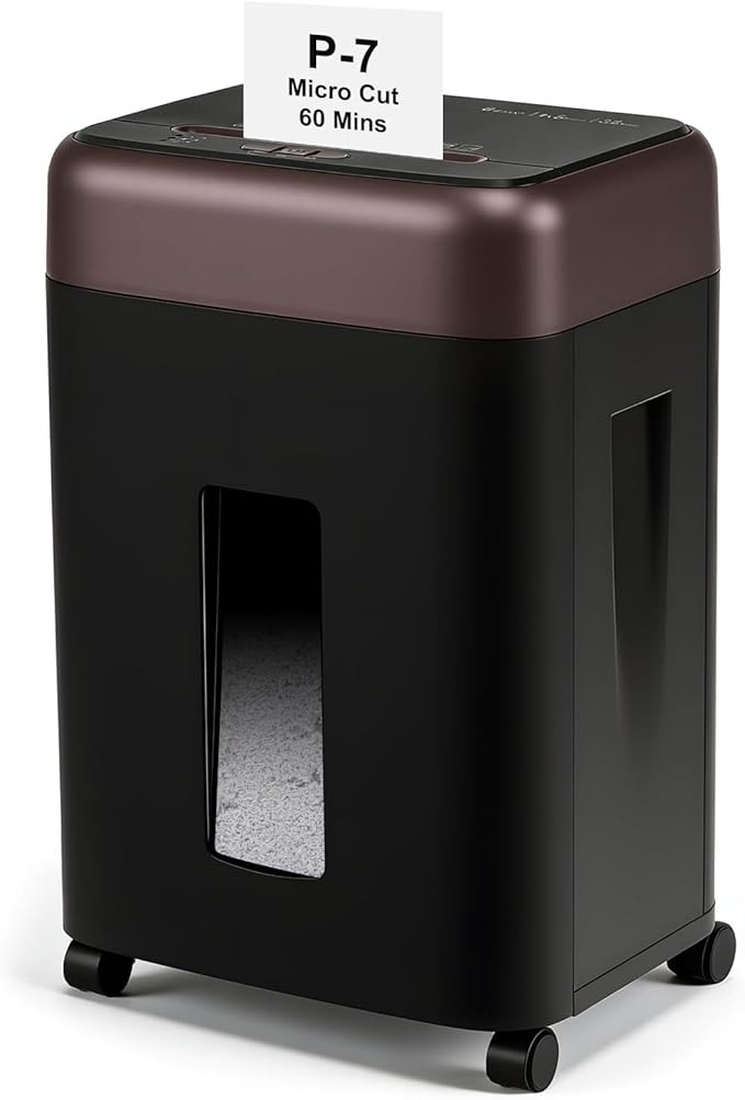 P-7 High Security Paper Shredder(1 * 5mm), 8-Sheet Micro Cut, 60-min Runtime, 9.2 Gallons Wastebasket, Auto Jam-Proof Paper Shredder Heavy Duty for Home Office