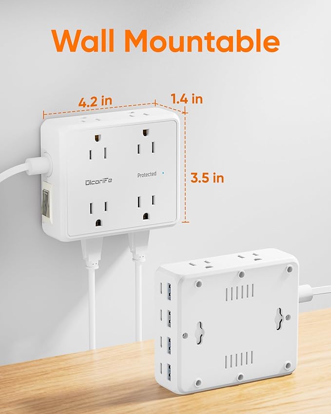 Olcorife Power Strip 8 AC with 8 USB Ports, 10 FT Flat Plug Extension Cord, 2000 Joules Surge Protector, 30W Charging Station, Home Office College Dorm Room Essentials
