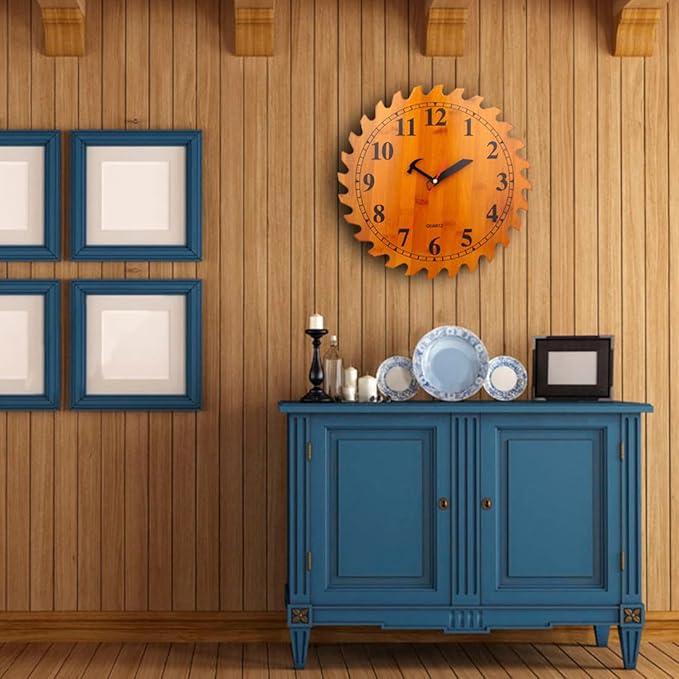 CIGERA 12 Inch Wood Wall Clock with Circular Saw Blade Dial, Handsaw and Hammer Pointer,Great Decor for Farmhouse,Garages and Man Cave