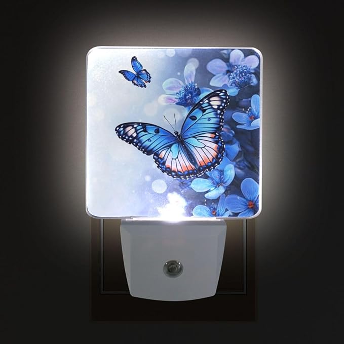 Pigsaly Led Night Light Flowers Blue Butterfly Night Light Plug in Wall Lamp Smart Dusk to Dawn Sensor Nightlight Led Lamp Energy Saving Lights Gift for Kids Room Bedroom Bathroom Hallway