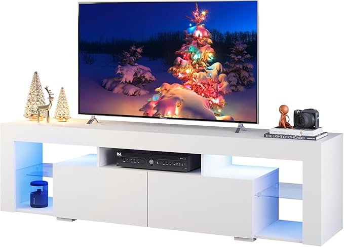 WLIVE TV Stand for 65 to 70 Inch TV, Modern Entertainment Center with LED Lights & 2 Large Storage Drawers, Wood TV Console for Living Room, Bedroom(White)