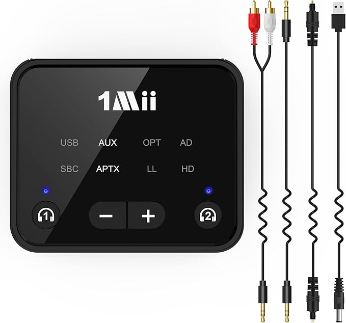 1Mii Bluetooth 5.3 Transmitter for TV to 2 Wireless Headphones, Long Range 100ft Bluetooth Adapter for TV aptX Adaptive & HD/Volume Control, Optical/USB/AUX/RCA Audio Inputs