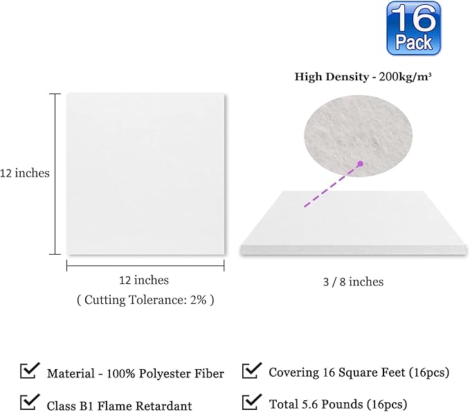 BXI Sound Absorber, 12 X 12 X 3/8 Inches 16Pcs High Density Acoustic Absorption Panel, Sound Absorbing Panels Reduce Echo Reverb, Tackable Acoustic Panels for Wall and Ceiling Acoustic Treatment