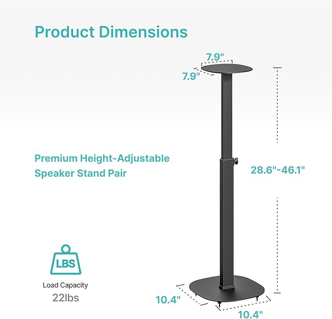Pegzone Height-Adjustable Speaker Stand Pair from 28.6" to 46.1",22lbs Capacity,Bookshelf Speaker Stands for Surround Sound, Two Feet Avaliable, Easy Installation, Black