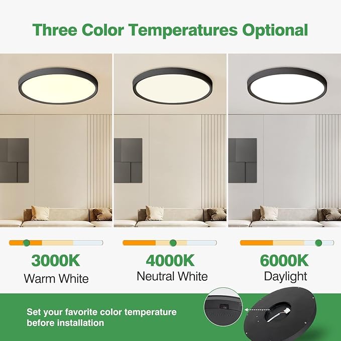 2PK 15.8 Inch Black LED Flush Mount Ceiling Light, 32W, 3480LM, 3000K/4000K/6000K CCT Selectable, Round Flat Panel Light Low Profile Ceiling Light Fitures for Hallway, Kitchen, Bedroom, Laundry Room