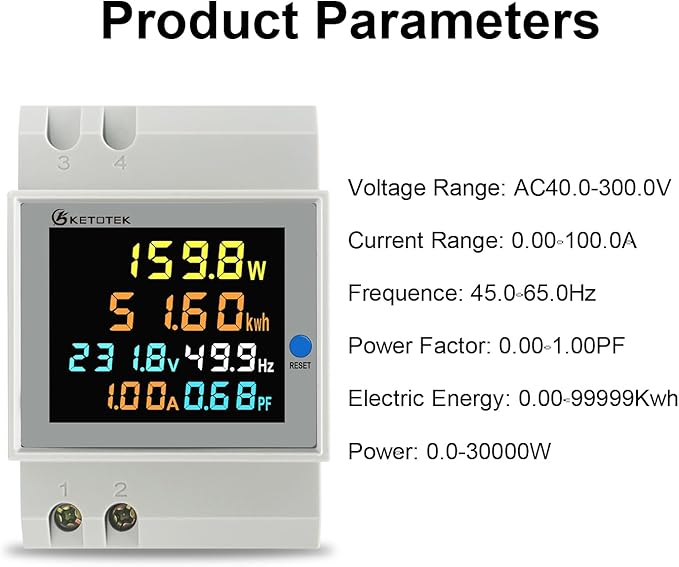 KETOTEK Single Phase Energy Meter Din Rail Electricity Usage Monitor AC 40-300V 100A Voltmeter Ammeter Watt Kwh Frequency Power Meter Built-in CT 110V