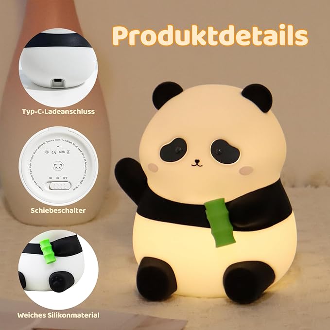 Rytinazzz Panda Night Light, 50-Hour Battery & Pat-to-Change Brightness, Squishy Silicone Lamp for Girls Kids Bedroom, USB Rechargeable with Timer, Valentines Gifts for Kids
