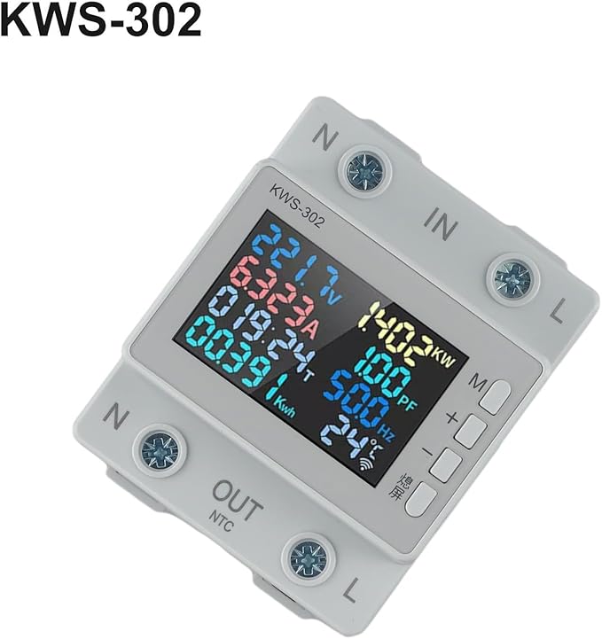 LCD Digital Energy Meter, Single Phase Energy Meter, Din Rail Electricity Usage Monitor, Power Usage Monitor AC170V~270V Power Voltage Meter(KWS-302)