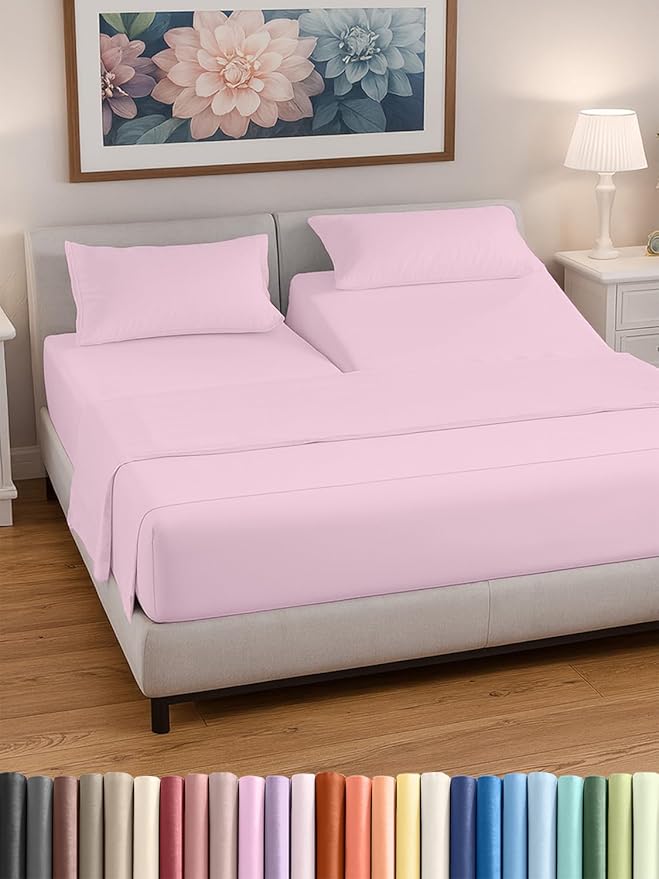 Split Head King Sheet Set – 4 Piece Flex Split Top King Sheets for Adjustable Beds - Fits 14” to 16" Mattress w/ Deep Pockets - Soft, Breathable & Cooling - Luxury Bedding & Wrinkle Free - Light Pink