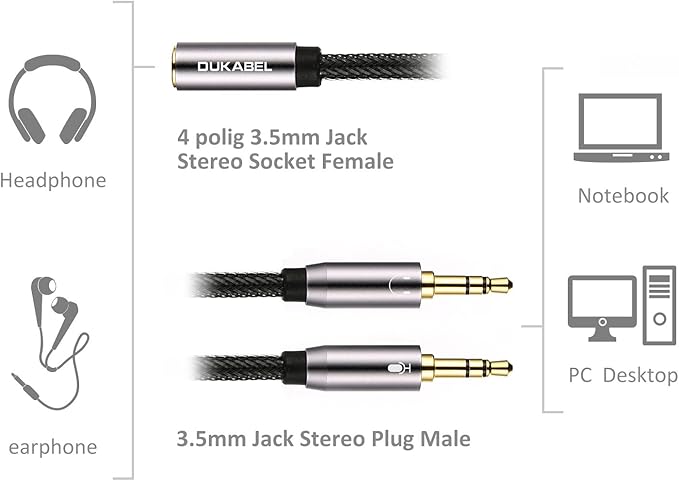 DUKABEL Gold-Plated & Strong Braided Y Splitter Audio Cable - Separate Microphone & Headphone Port Gaming Headset Earphone Adapter - TopSeries (12inch / 30cm)